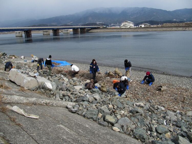 Работа волонтеров по очистке устья реки. Виден вновь построенный мост.